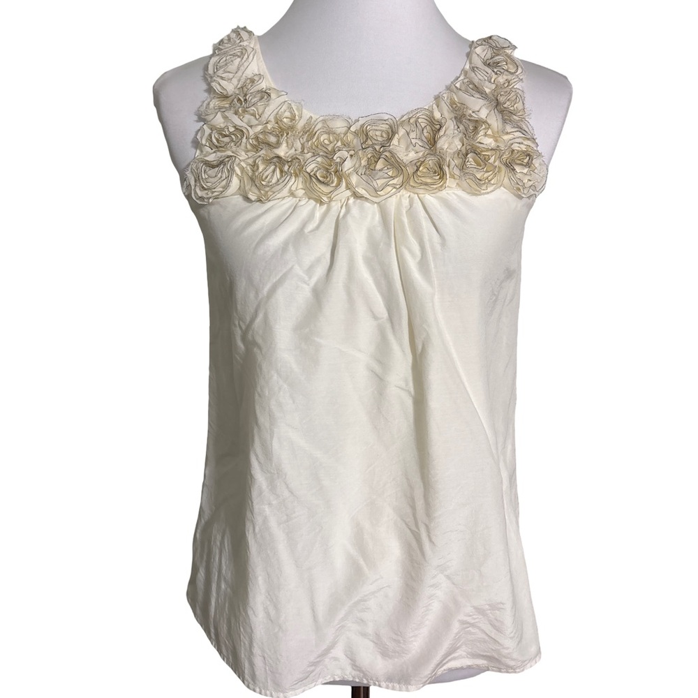 LOFT Ivory Silk Rosette Neckline Sleeveless Blouse